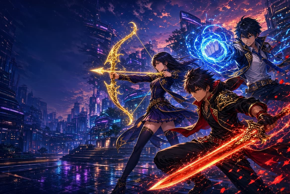 Brawler, Archer and Swordsman students in battle across the neon campus